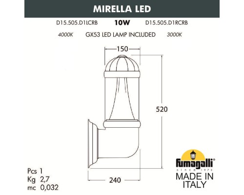 Светильник уличный настенный FUMAGALLI MIRELLA D15.505.000.BXD1L.CRB