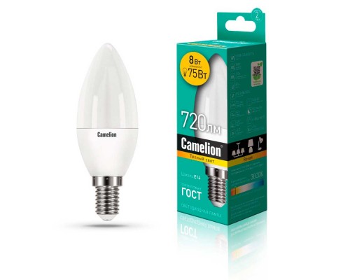 Лампа светодиодная Camelion E14 8W 3000K LED8-C35/830/E14 12385