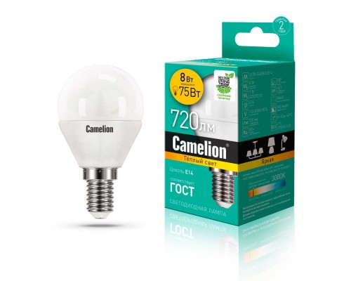 Лампа светодиодная Camelion E14 8W 3000K LED8-G45/830/E14 12391