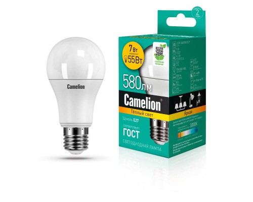 Лампа светодиодная Camelion E27 7W 3000K LED7-A60/830/E27 11253