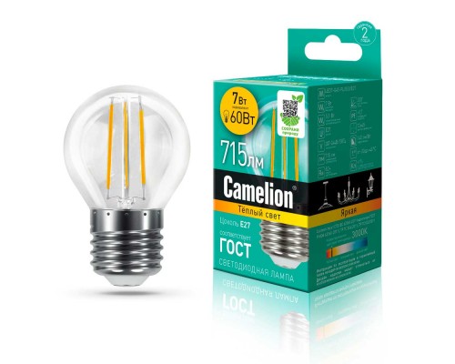 Лампа светодиодная Camelion E27 7W 3000K LED7-G45-FL/830/E27 13457