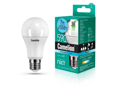 Лампа светодиодная Camelion E27 7W 4500K LED7-A60/845/E27 11254