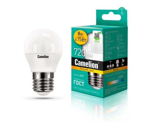 Лампа светодиодная Camelion E27 8W 3000K LED8-G45/830/E27 12392