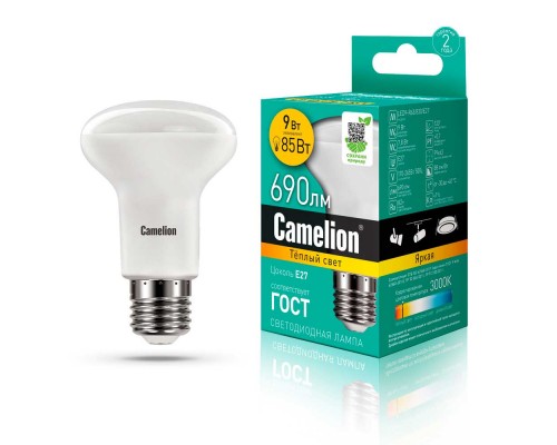 Лампа светодиодная Camelion E27 9W 3000K LED9-R63/830/E27 13476