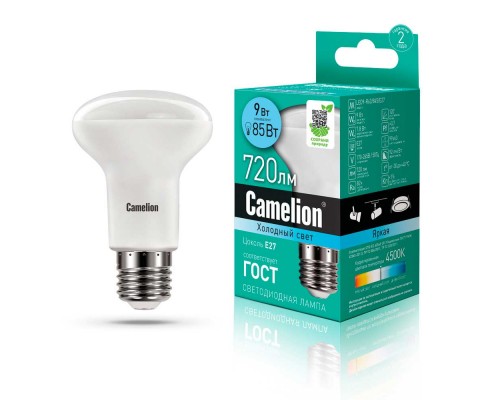 Лампа светодиодная Camelion E27 9W 4500K LED9-R63/845/E27 13475