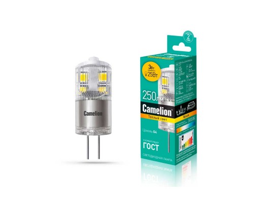 Лампа светодиодная Camelion G4 3W 3000K LED3-G4-JD-NF/830/G4 13862