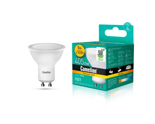 Лампа светодиодная Camelion GU10 5W 3000K LED5-GU10/830/GU10 10956