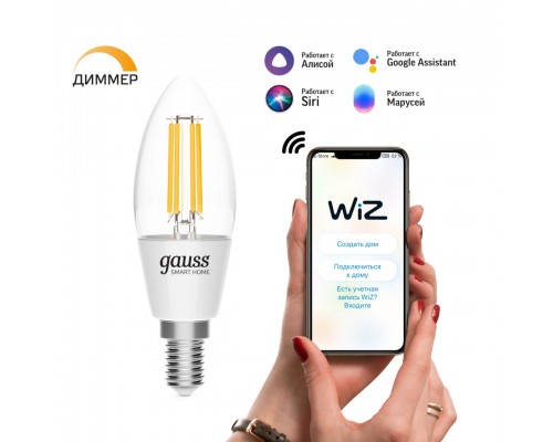 Лампа светодиодная диммируемая филаментная Gauss Smart Home Filament E14 4,5W 2700K прозрачная 1230112