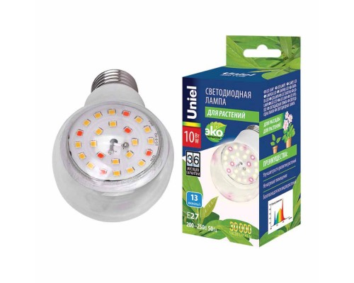 Лампа светодиодная для растений Uniel E27 10W прозрачная LED-A60-10W/SPFB/E27/CL PLP30WH UL-00007404