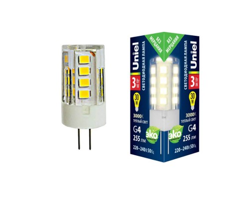 Лампа светодиодная Uniel G4 3W 3000K прозрачная LED-JC-220/3W/3000K/G4/CL GLZ09TR UL-00006742