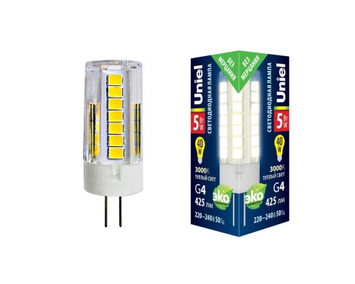 Лампа светодиодная Uniel G4 5W 3000K прозрачная LED-JC-220/5W/3000K/G4/CL GLZ09TR UL-00006744