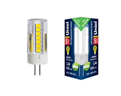 Лампа светодиодная Uniel G4 5W 4000K прозрачная LED-JC-220/5W/4000K/G4/CL GLZ09TR UL-00006745