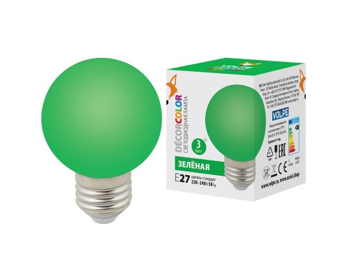 Лампа светодиодная Volpe E27 3W зеленая LED-G60-3W/Green/E27/FR/С UL-00006958