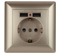 Розетка ЭРА Intro Solo Schuko P+E 16A 250V со шторками 2хUSB шампань 4-410-04 Б0043406