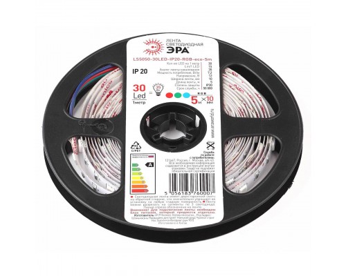 Светодиодная лента ЭРА 7,2W/m 30LED/m 5050SMD RGB 5M LS5050-7,2-30-12-RGB-IP20-1 year-5m Б0035602